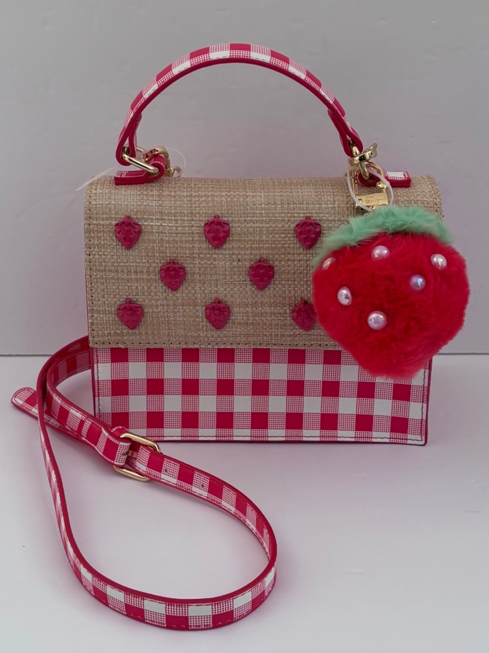 Betsey Johnson Strawberry Gingham Red Checked Straw Crossbody Purse Bag NWT
